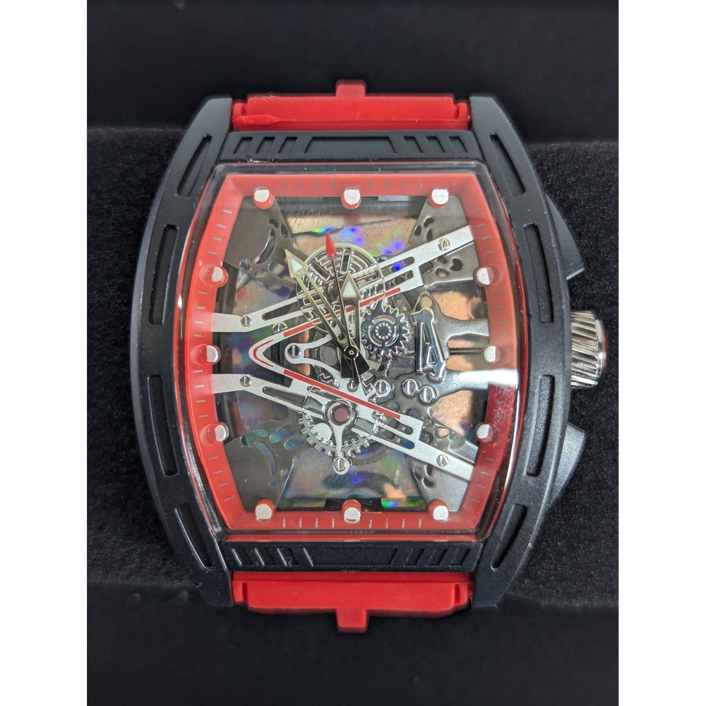 43mm Red Silicone Skeleton Dial Luminous Hands Quartz Sport Watch Black Tonneau